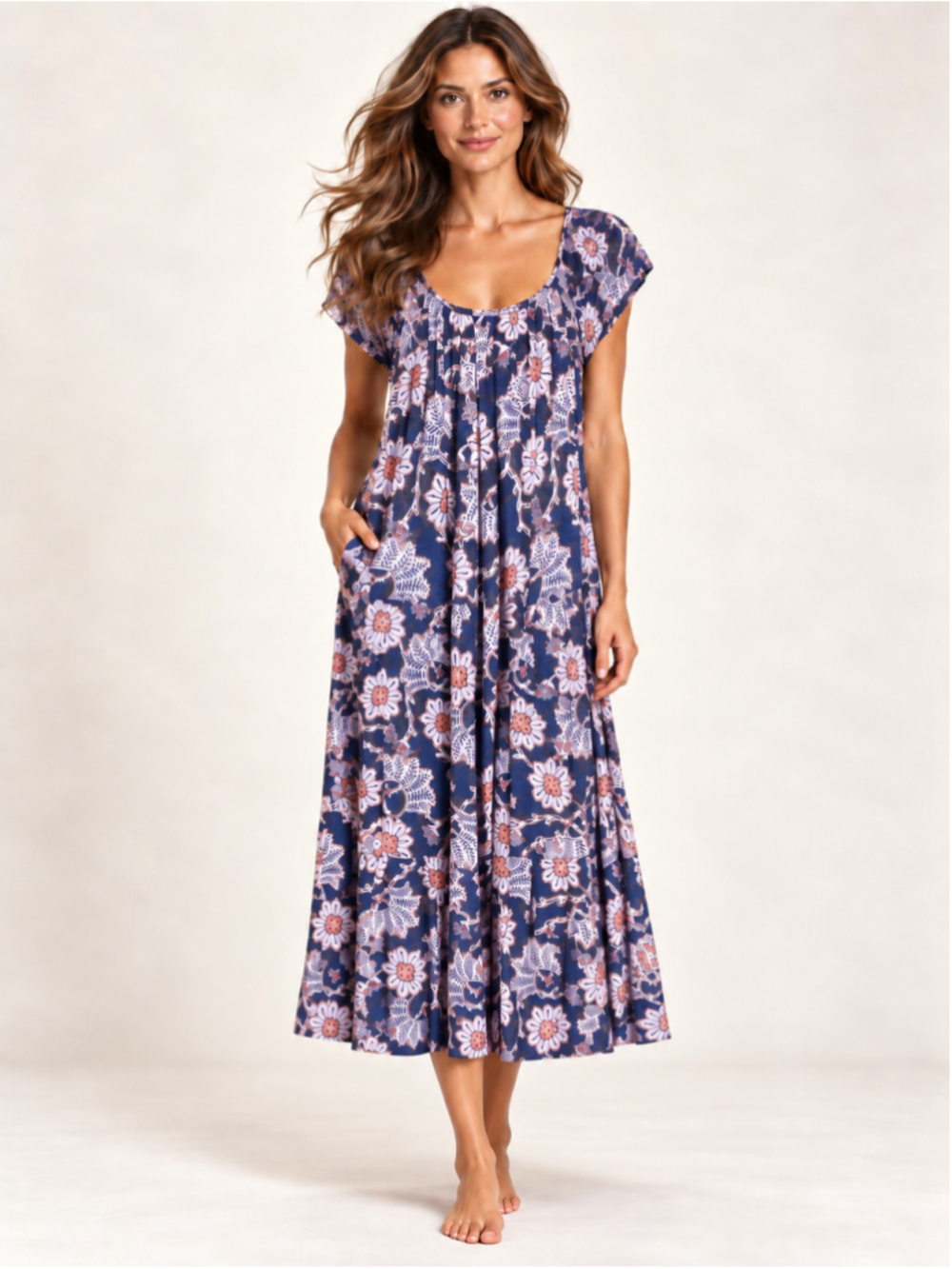 Knox Rose Navy Floral Print Maxi Dress Scoop Neck Cap Sleeve Boho Cottagecore XL